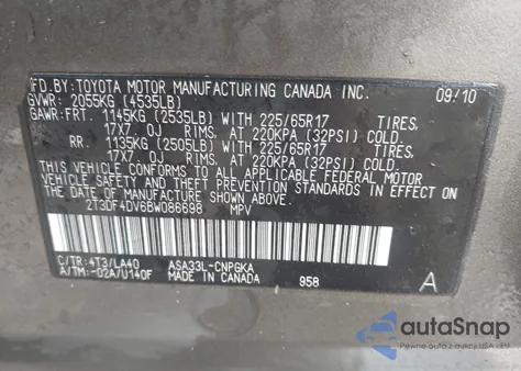 2011 Toyota Rav4 Limited z USA, uszkodzony, nr VIN 2T3DF4DV6BW086698